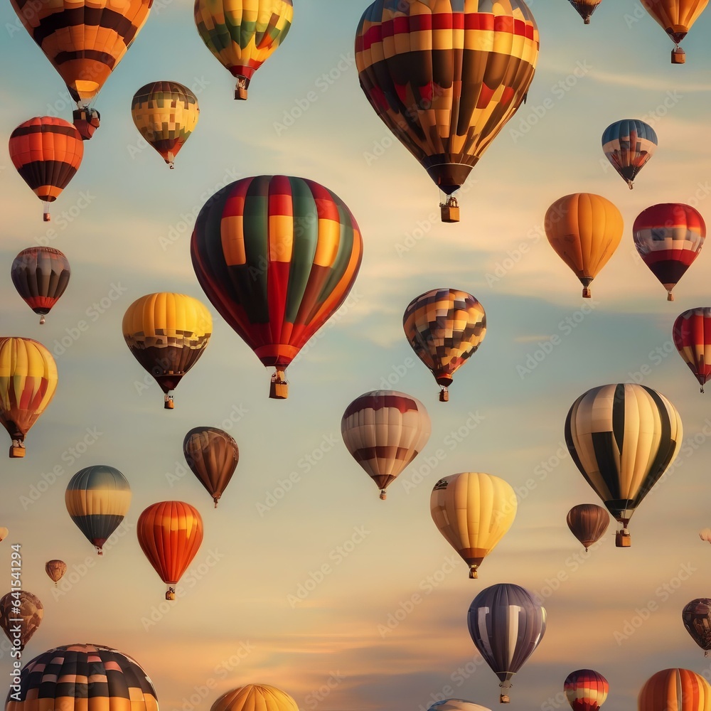 Fototapeta premium A whimsical pattern of hot air balloons drifting across the sky in a backdrop of sunrise or sunset1