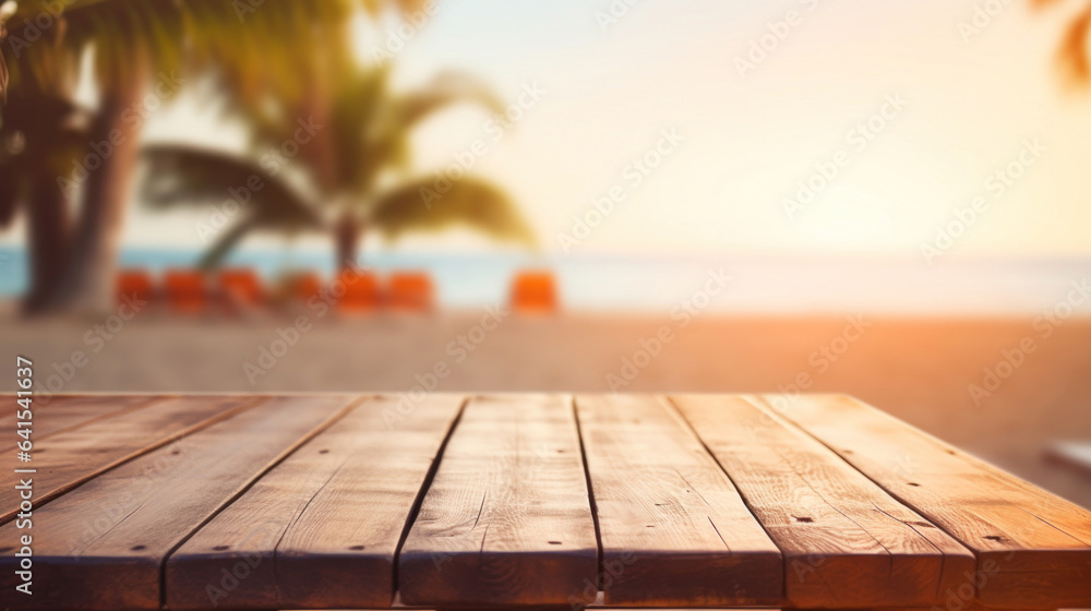 Empty wooden table top with blur background of seaside resort Empty wooden table top with blur background of seaside resort