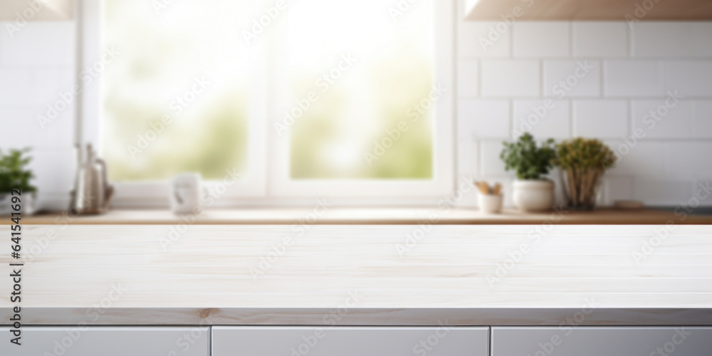 Empty white wooden tabletop with blurred white kitchen in the background. Mock up for display or montage of product Empty white wooden tabletop with blurred white kitchen in the background. Mock up for display or montage of product