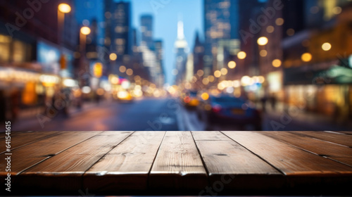 Blank wooden tabletop with a blurred city background