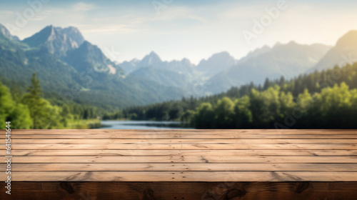 Blank wood tabletop with blurred background of river and mountain