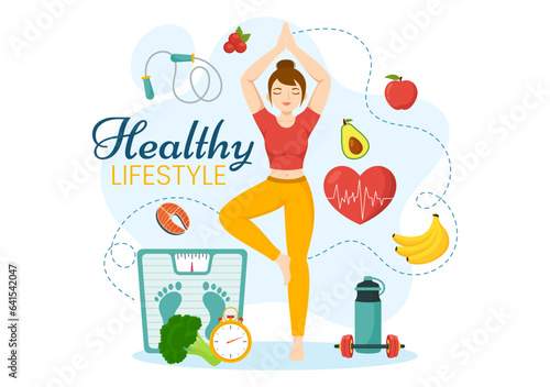 Healthy Lifestyle Vector Illustration with Organic Vegetables or Fruit, Sport and Workout in Flat Cartoon Hand Drawn Background Design Templates