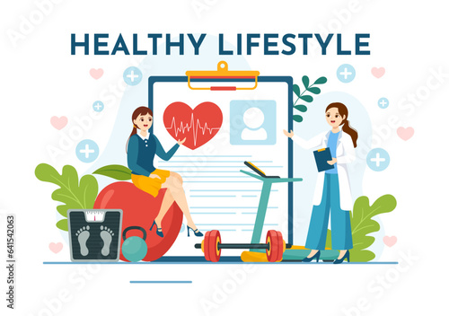Healthy Lifestyle Vector Illustration with Organic Vegetables or Fruit, Sport and Workout in Flat Cartoon Hand Drawn Background Design Templates