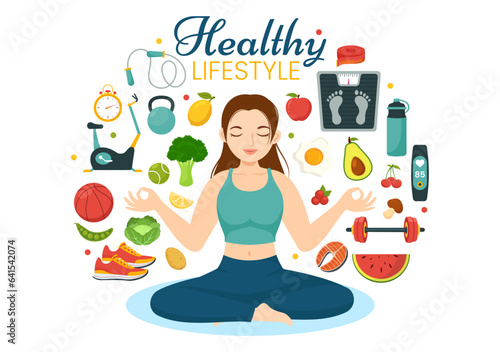 Healthy Lifestyle Vector Illustration with Organic Vegetables or Fruit, Sport and Workout in Flat Cartoon Hand Drawn Background Design Templates