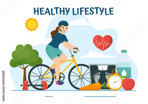 Healthy Lifestyle Vector Illustration with Organic Vegetables or Fruit, Sport and Workout in Flat Cartoon Hand Drawn Background Design Templates