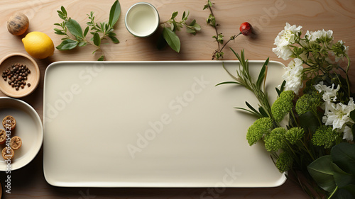 empty cream-colored serving platter and surrounded by fruits, vegetables, light background