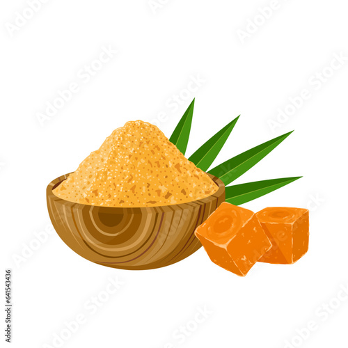 Vector illustration, palm sugar or jaggery in a wooden bowl, also called raw sugar, isolated on white background.