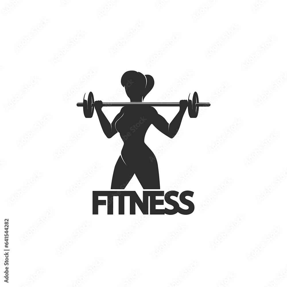 Fitness Club Emblem with Woman Holds Barbell