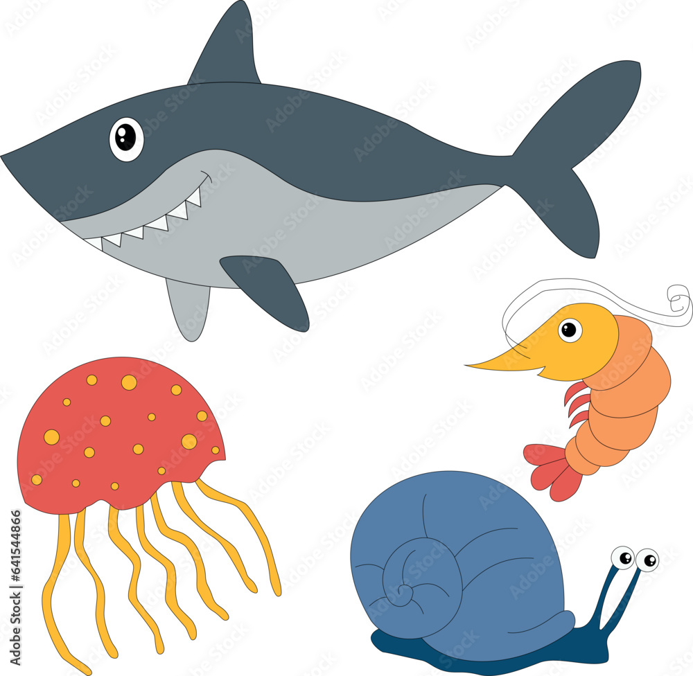 Naklejka premium colorful sea creatures clipart set in cartoon style. includes 4 sea animals for kids and children