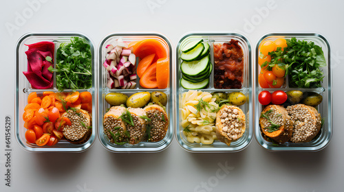 Lunch boxes with food ready for work or school, pre-cooking or diet