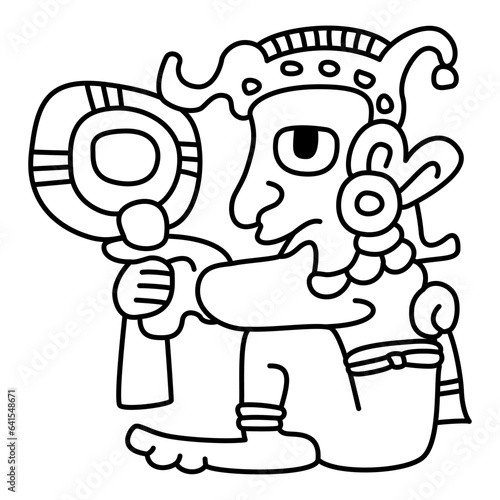 Seated funny man. Native American art from Mayan codex. Black and white linear silhouette.