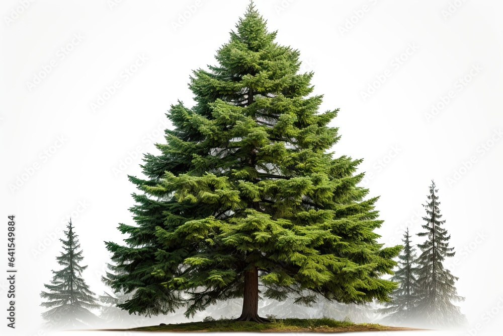 Big green fir tree isolated on white background. Tall natural christmas tree cut out