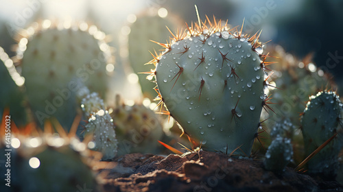 A Captivating Portrayal of Morning Dew on a Cactus, Emphasizing Nature's Delicate Jewels Adorning the Hardy Desert Survivor