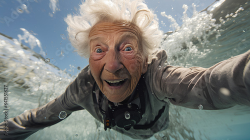 An 80-year-old woman diving underwater.