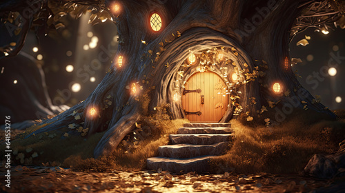 Fantasy fairy tale scenery of a tree house at night in a forest surrounded by twinkling fairy lights  magical tree with a door