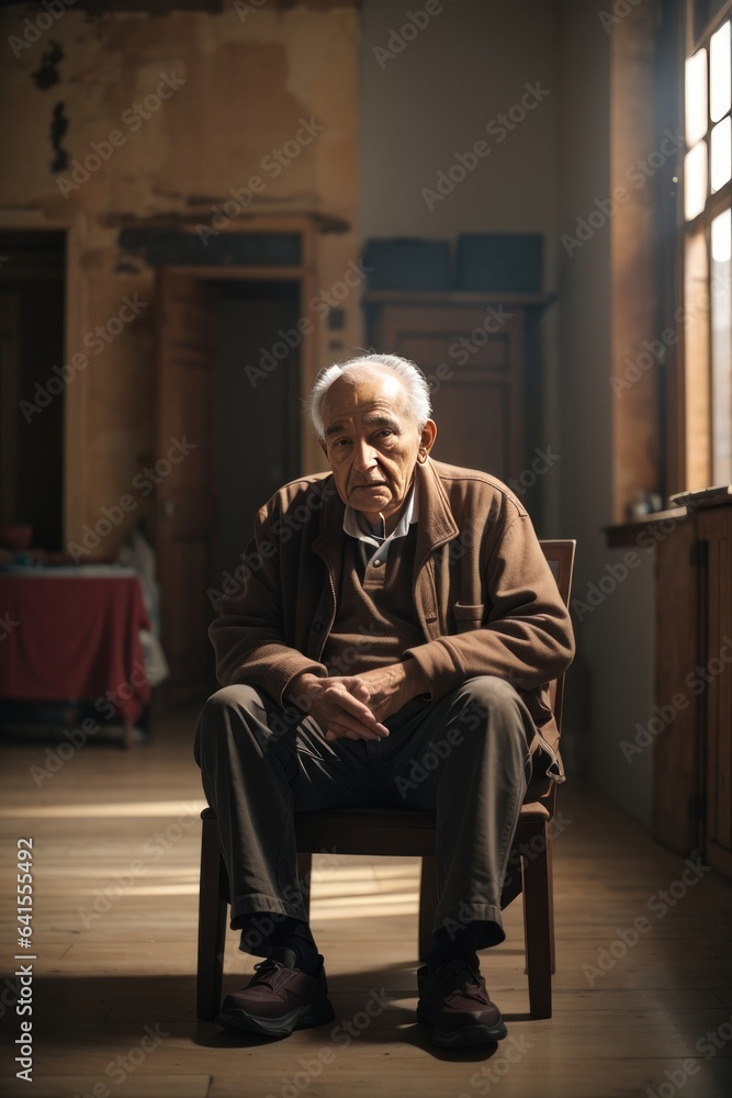 beautiful old aged man sitting alone in big room