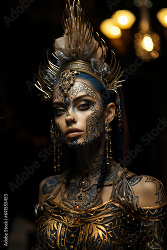 Woman with full body tattoos adorned in golden armor and crown posing for the camera