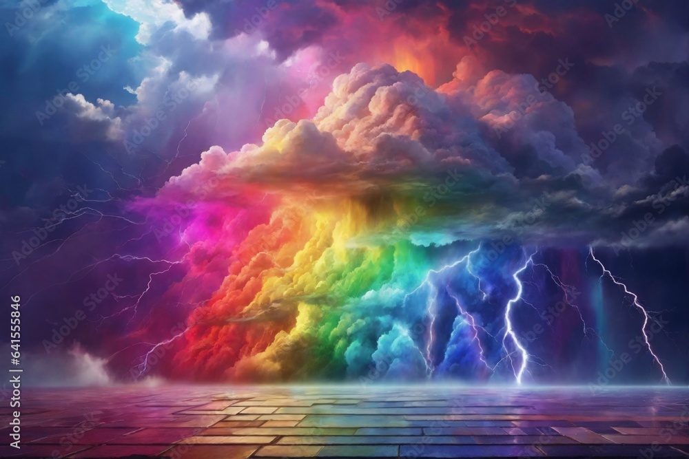 Rainbow Thunderstorm Background, Colorful Stormy Sky Background, Thunderstorm Sky, Colorful Lightning, AI Generative