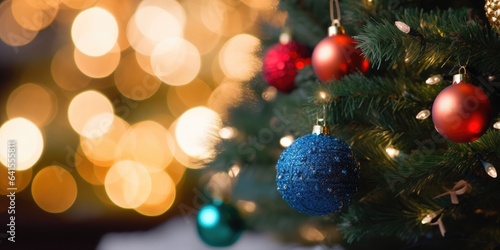 Merry Christmas and Happy New Year. Festive bright beautiful background. Decorated Christmas tree on blurred background. de-focused lights  gold bokeh