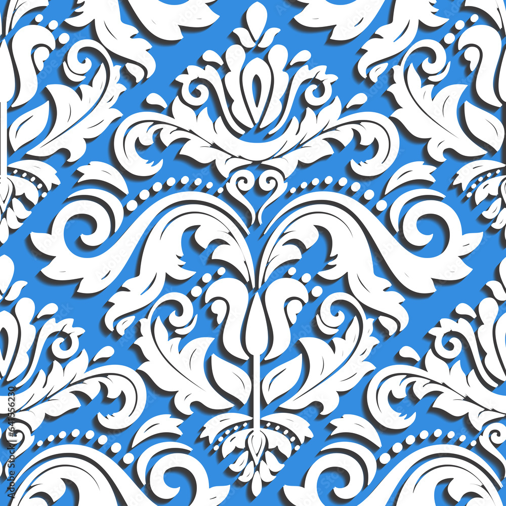 Seamless oriental ornament. Fine traditional light blue and white oriental pattern with 3D elements, shadows and highlights