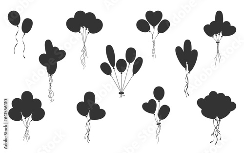 Holiday balloon bunch black silhouette set. Icon stamp outline figure air celebration decor site sticker label valentine day birthday party carnival flying helium ballon round oval heart isolated