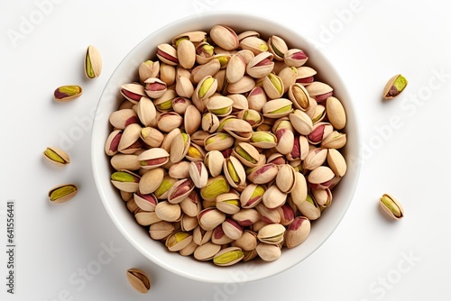 Flat lay of pistachio nuts in white bowl isolated on a white background