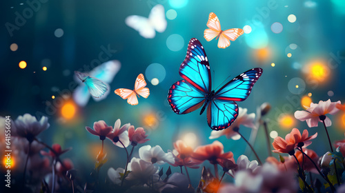 beautiful nature spring background with fresh flowers and flying butterflies on a soft blurred blue background spring or summer in nature. Romantic dreamy artistic image © Planetz