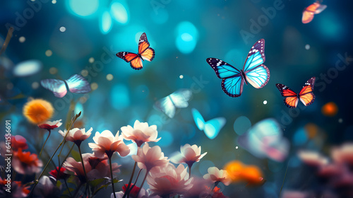 beautiful nature spring background with fresh flowers and flying butterflies on a soft blurred blue background spring or summer in nature. Romantic dreamy artistic image
