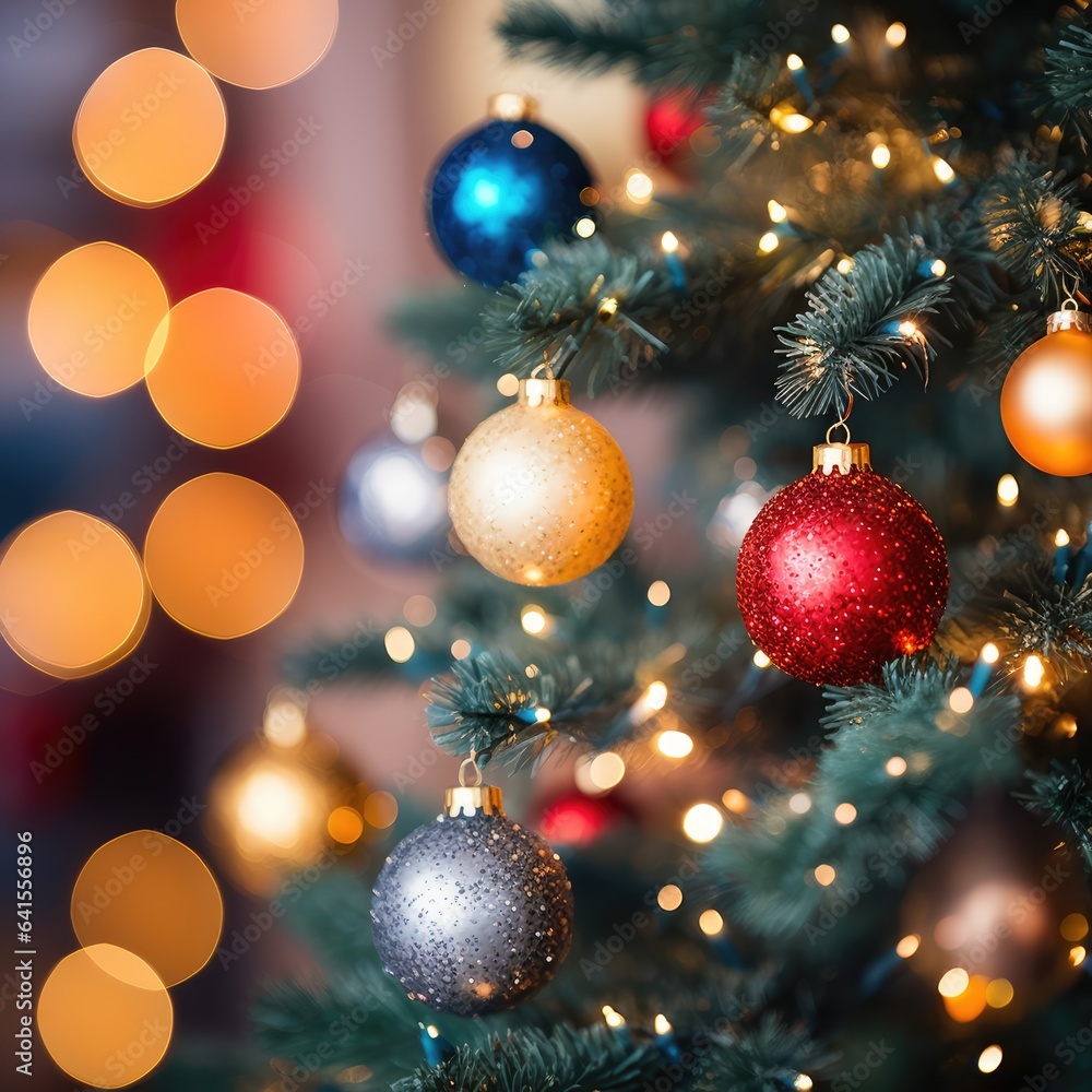 Fototapeta premium Merry Christmas and Happy New Year. Festive bright beautiful background. Decorated Christmas tree on blurred background. de-focused lights, gold bokeh