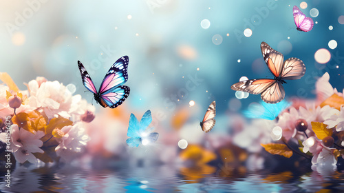 beautiful nature spring background with fresh flowers and flying butterflies on a soft blurred blue background spring or summer in nature. Romantic dreamy artistic image