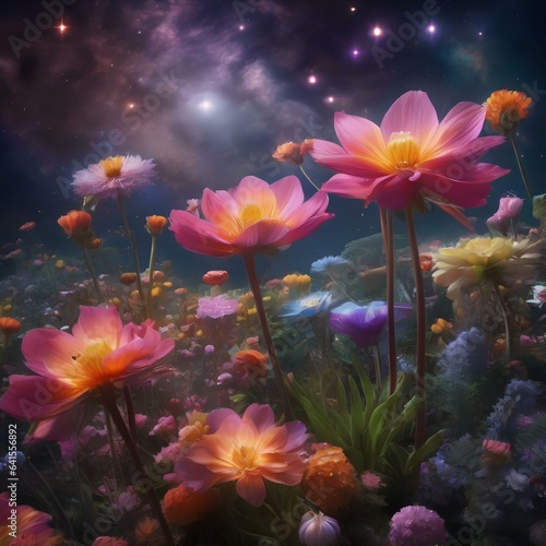 A cosmic garden of surreal flowers blooming with galaxies and stars2
