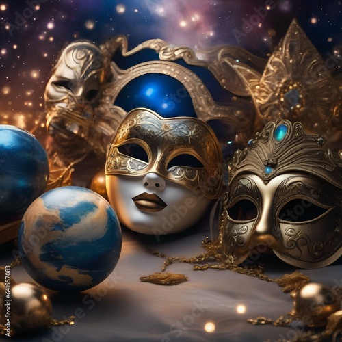 A celestial masquerade with planets and stars adorned in elegant masks, ready for a cosmic ball1 photo