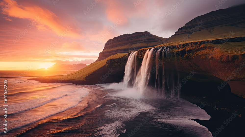 Majestic view of icelandic waterfall at sunset