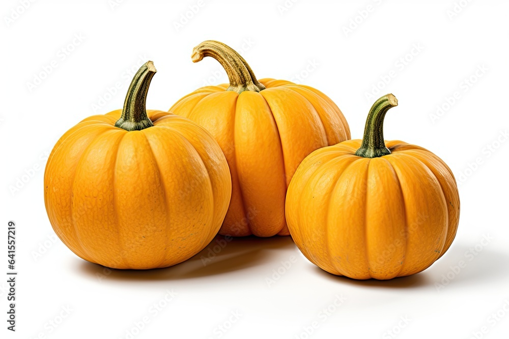 An arrangement of three pumpkins isolated on white with shadows clipping path included An arrangement of three pumpkins isolated on white with shadows clipping path included