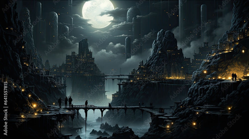 A vibrant cityscape illuminated by a full moon at night A vibrant cityscape illuminated by a full moon at night