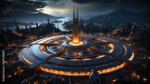 A futuristic city at night with a stunning clock tower