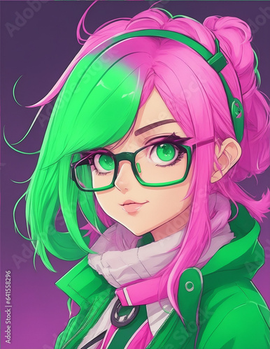 A girl with green hair and glasses. Generative AI.