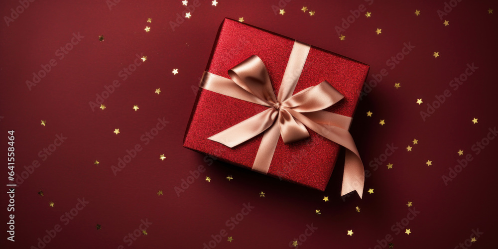 Gift box with a bow of ribbons close-up top view on a dark red background, many golden confetti Gift box with a bow of ribbons close-up top view on a dark red background, many golden confetti