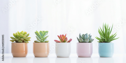 Different colors beautiful potted plants. Minimalistic white interior © tashechka
