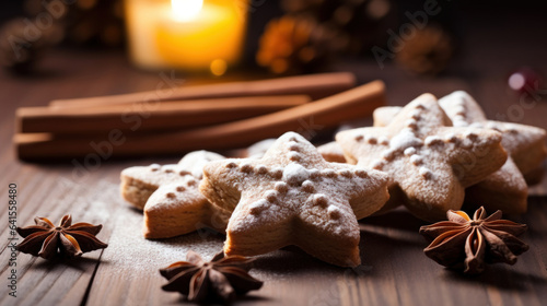 Traditional Christmas cookies: cinnamon, stars and candles on a wooden table