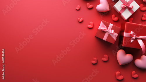 Valentine's Day red background with red petals rose with gift box, top view.