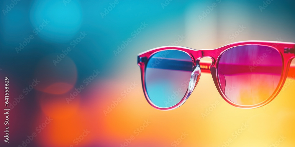 Minimal copy space edge of black sunglass. Colorful bokeh background Minimal copy space edge of black sunglass. Colorful bokeh background