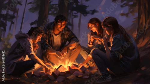 Campfire Chronicles: Friends Sharing Laughs and Stories Around the Warm Glow