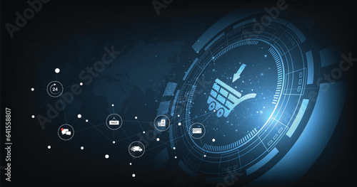 Online business and Internet trading concept. A virtual image cart on a dark blue background conveys purchasing products and services via the Internet.	