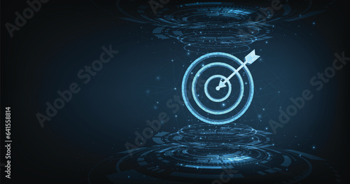 Set up objectives and targets for business investment concepts. The blue round-shaped target consisting of polygons with a thin arrow represents setting goals correctly on a dark background.