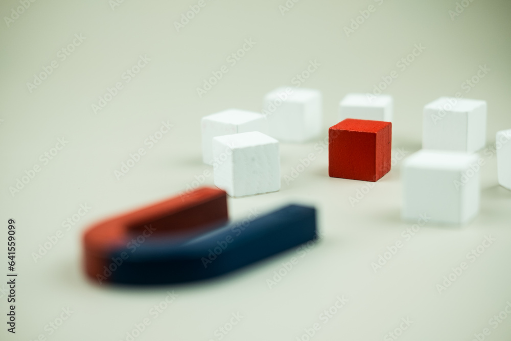 The magnet selects one red wood from many white wood block. Out of the crowd. Choosing a new leader. Talented and promising The magnet selects one red wood from many white wood block. Out of the crowd. Choosing a new leader. Talented and promising
