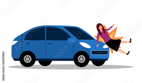 Car hit woman pedestrian on road. Car accident concept. Drunk driver victim.