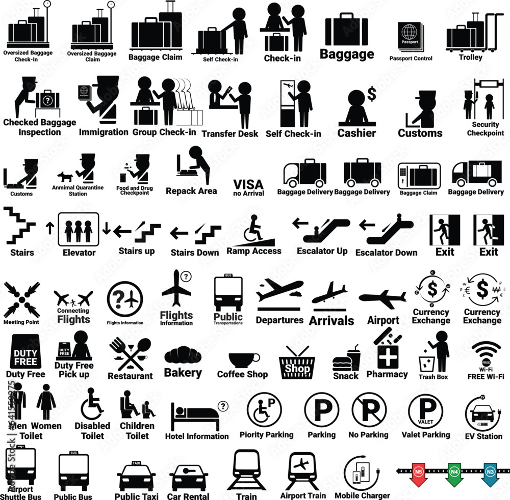 Vector set of icons, symbols available at malls, airports, train ...