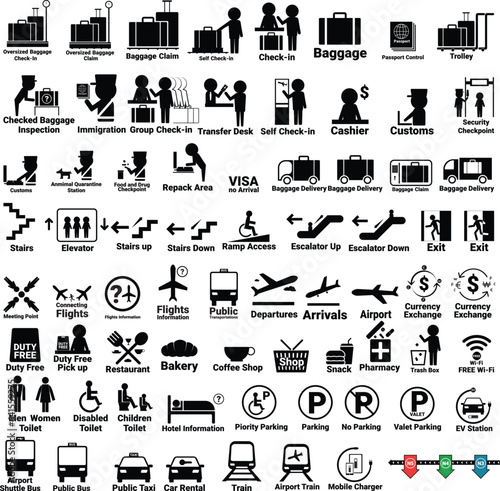 Vector set of icons, symbols available at malls, airports, train stations.