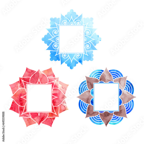 Frame with red watercolor pattern, stylized eastern mandala for decorating covers for book, notebook, postcard
